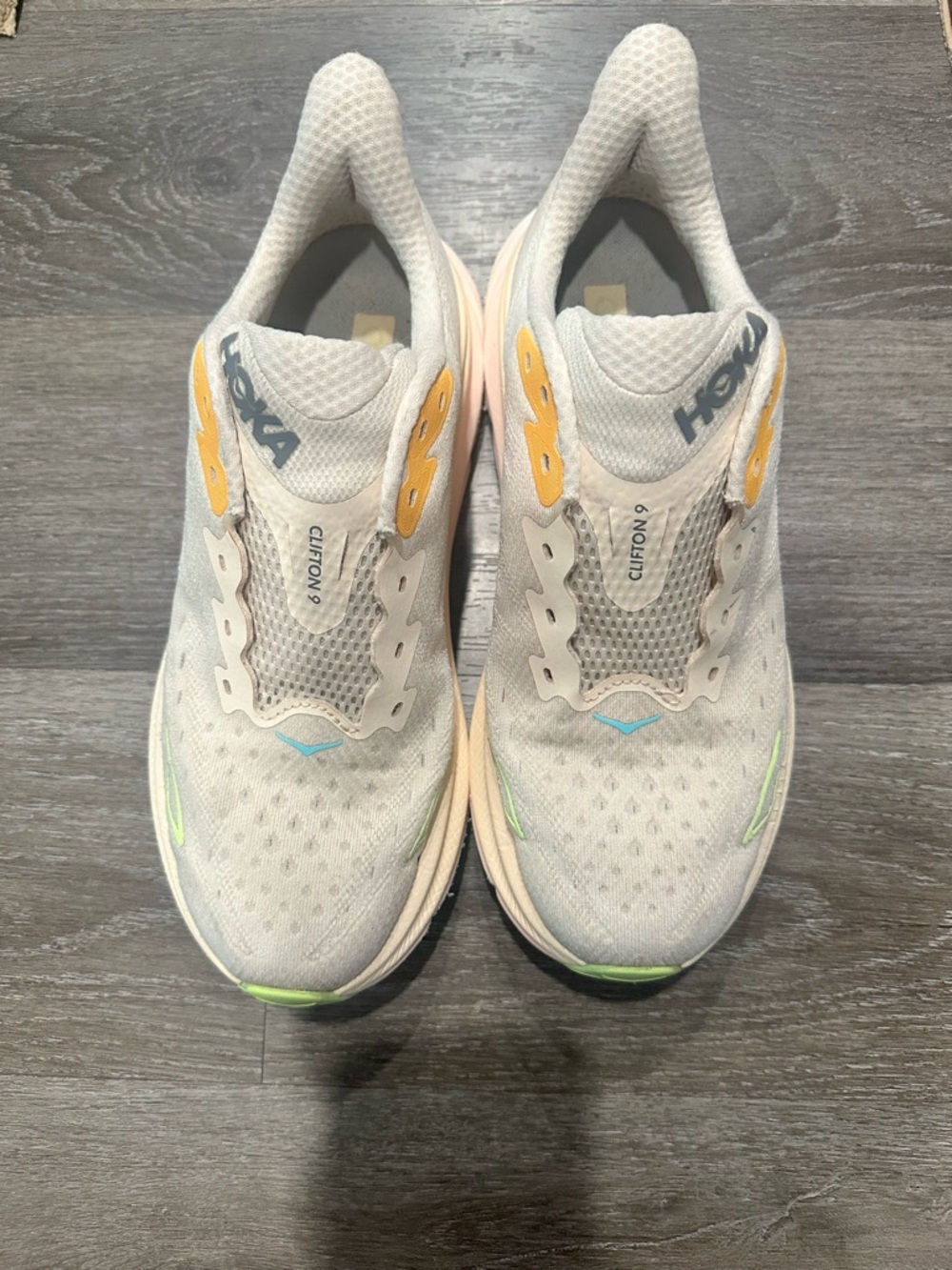 Hoka Clifton 9 Running Shoes -  with Light PeachYellow & Lime Accents Size 9